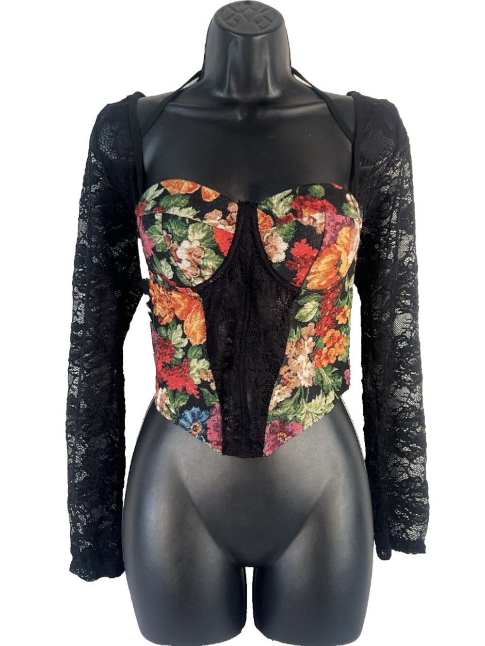 Floral Tapestry Lace Up Corset Crop Top Lace Long Sleeve L Goth Fairy Grunge